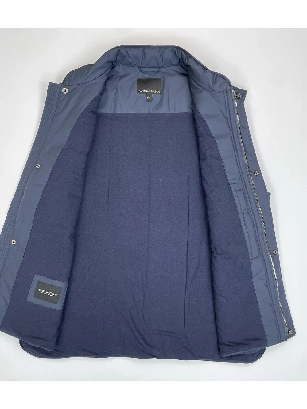 Banana Republic Mens Modular Quilted Puffer Vest Navy Blue Full Zip Pockets L